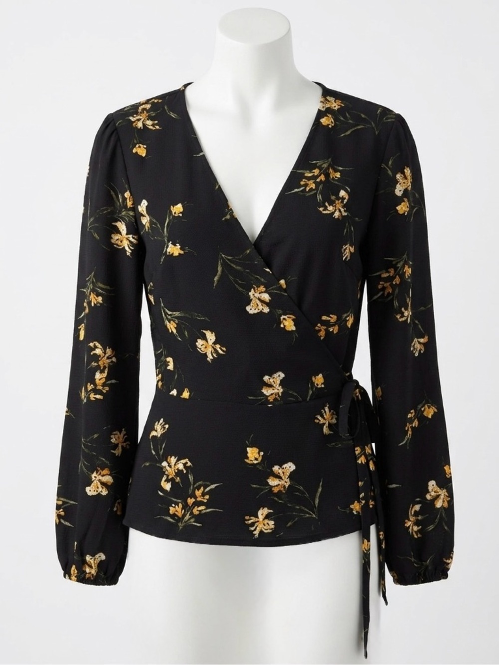 Dynamite Black Floral Wrap Top with Balloon Sleeves - Size Large - Lightweight